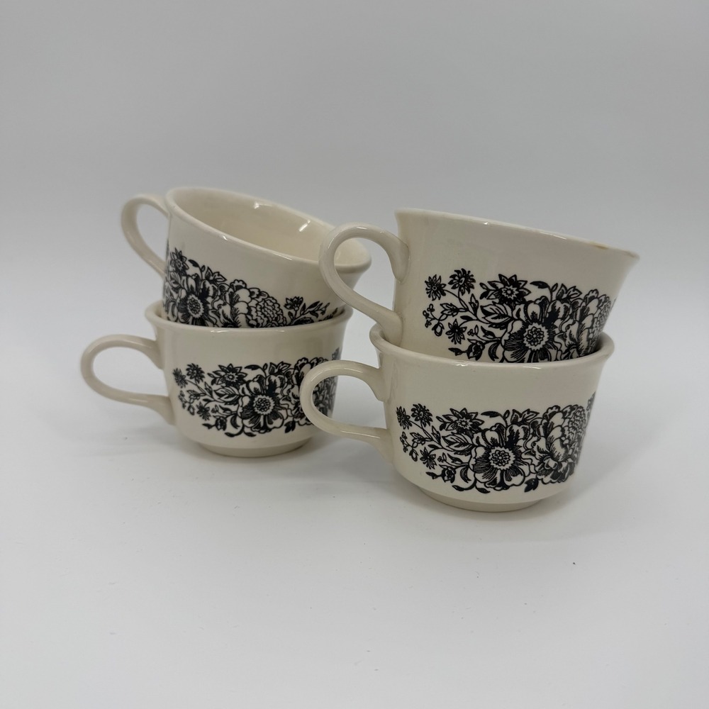 Vintage Royal Ironstone USA Pottery Dark Floral Coffee Mugs Set of 4 Cream